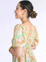 MAXIVESTIDO ESCOTE CORAZÓN CON BOBOS ESTAMPADO BEIGE