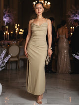 MAXIVESTIDO TIRAS PLIEGUES BEIGE BRILLOS