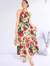 MAXIVESTIDO CUELLO HALTER 2 TIEMPOS ESTAMPADO CREMA