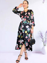 MAXIVESTIDO ENVOLVENTE CON VUELOS ESTAMPADO NEGRO (O)