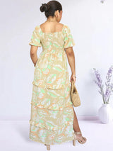 MAXIVESTIDO ESCOTE CORAZÓN CON BOBOS ESTAMPADO BEIGE