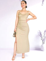 MAXIVESTIDO TIRAS PLIEGUES BEIGE BRILLOS