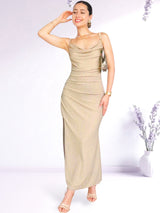 MAXIVESTIDO TIRAS PLIEGUES BEIGE BRILLOS