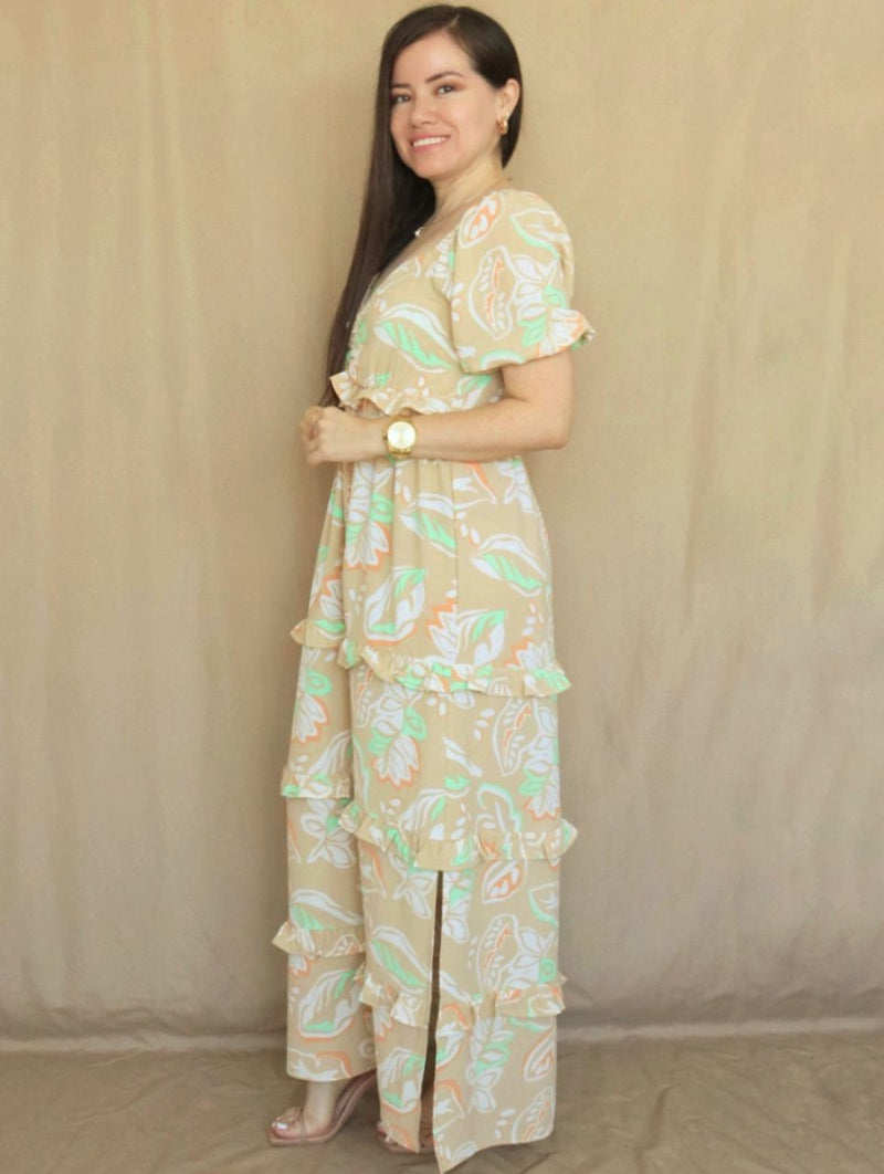 MAXIVESTIDO ESCOTE CORAZÓN CON BOBOS ESTAMPADO BEIGE