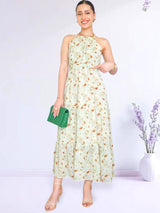 MAXIVESTIDO CUELLO HALTER 3 TIEMPOS ESTAMPADO VERDE