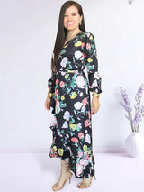 MAXIVESTIDO ENVOLVENTE CON VUELOS ESTAMPADO NEGRO