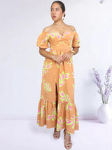 MAXIVESTIDO ESCOTE CORAZÓN ESTAMPADO NARANJA