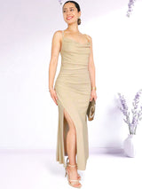 MAXIVESTIDO TIRAS PLIEGUES BEIGE BRILLOS