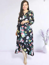 MAXIVESTIDO ENVOLVENTE CON VUELOS ESTAMPADO NEGRO