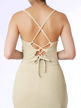 MAXIVESTIDO TIRAS PLIEGUES BEIGE BRILLOS