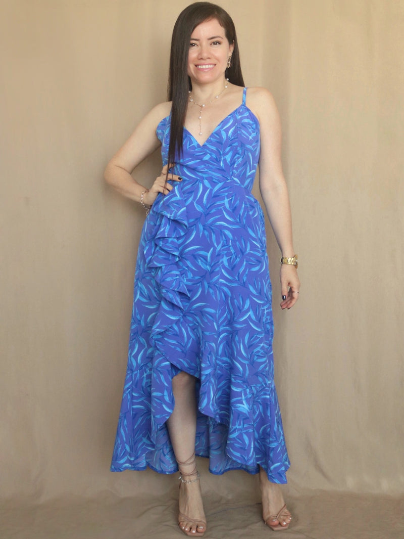 MAXIVESTIDO TIRAS CON VUELO ESPIRAL ESTAMPADO AZUL