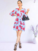 VESTIDO CORTO CAPAS CRUZADAS ESTAMPADO CELESTE
