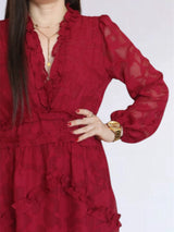 VESTIDO CORTO FULL BOBOS CON PRETINA GUINDA