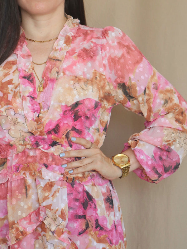 VESTIDO CORTO FULL BOBOS CON PRETINA ESTAMPADO ROSA