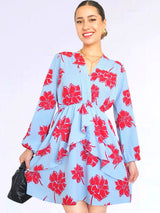 VESTIDO CORTO CAPAS CRUZADAS ESTAMPADO CELESTE