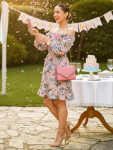 VESTIDO CORTO BUSTO RECOGIDO ESTAMPADO ROSA