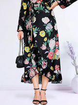MAXIVESTIDO ENVOLVENTE CON VUELOS ESTAMPADO NEGRO (O)