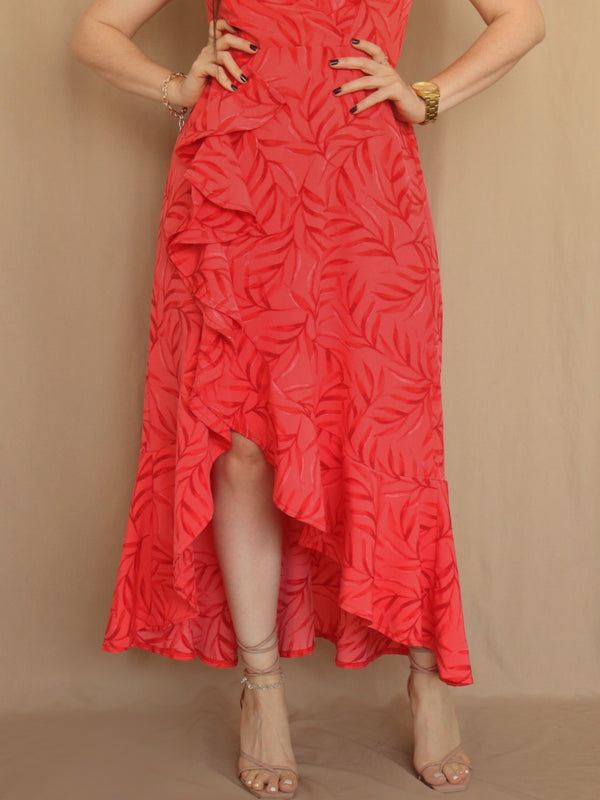 MAXIVESTIDO TIRAS CON VUELO ESPIRAL ESTAMPADO ROJO
