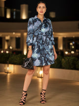 VESTIDO CORTO CAMISERO PRETINA ESPALDA MARMOLEADO ACERO