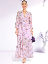 MAXIVESTIDO PRETINA MULTIAGUJA ESTAMPADO LILA