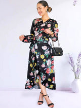 MAXIVESTIDO ENVOLVENTE CON VUELOS ESTAMPADO NEGRO (O)