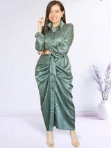 MAXIVESTIDO CAMISERO PLIEGUES EN CADERA VERDE ENTERO