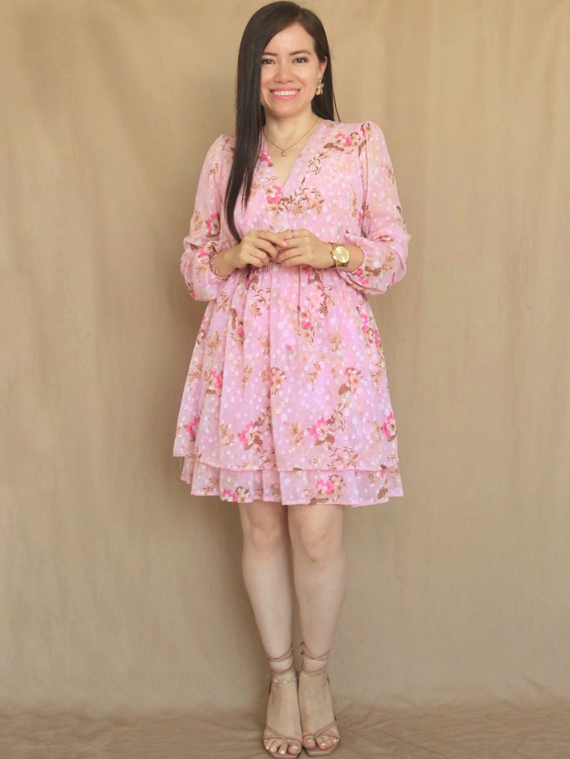 VESTIDO CORTO 2 CAPAS ESTAMPADO ROSA