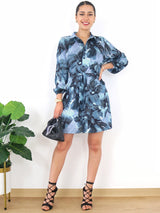 VESTIDO CORTO CAMISERO PRETINA ESPALDA MARMOLEADO ACERO