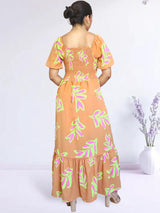 MAXIVESTIDO ESCOTE CORAZÓN ESTAMPADO NARANJA