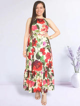 MAXIVESTIDO CUELLO HALTER 2 TIEMPOS ESTAMPADO CREMA