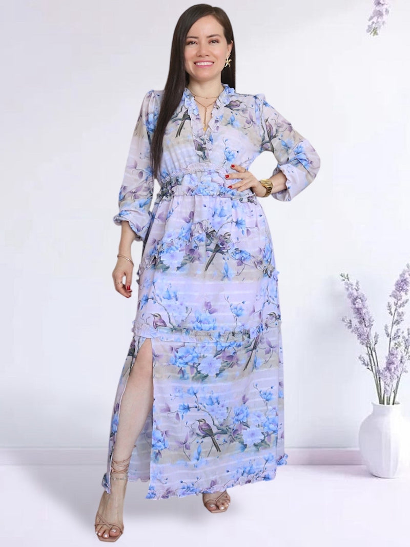 MAXIVESTIDO FULL BOBOS CON PRETINA ESTAMPADO LILA