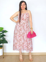 VESTIDO MIDI TIRAS CORSET MULTIAGUJA FLORES ROSAS
