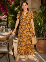 MAXIVESTIDO CAMISERO CON PRETINA ESTAMPADO MOSTAZA