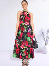 MAXIVESTIDO CUELLO HALTER 2 TIEMPOS ESTAMPADO NEGRO