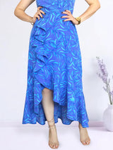 MAXIVESTIDO TIRAS CON VUELO ESPIRAL ESTAMPADO AZUL