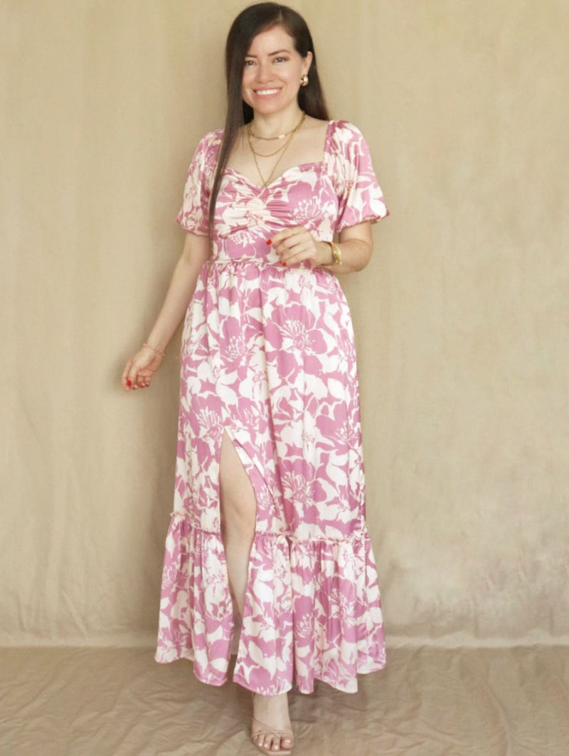MAXIVESTIDO ESCOTE CORAZÓN ESTAMPADO MAUVE