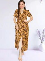 MAXIVESTIDO CAMISERO CON PRETINA ESTAMPADO MOSTAZA