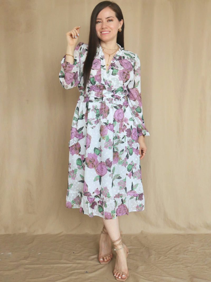 VESTIDO MIDI FULL BOBOS CON PRETINA ESTAMPADO HUESO