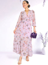 MAXIVESTIDO PRETINA MULTIAGUJA ESTAMPADO LILA