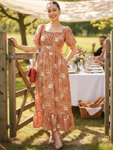 MAXIVESTIDO BUSTO RECOGIDO ESTAMPADO MELÓN
