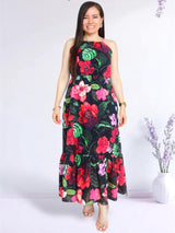 MAXIVESTIDO CUELLO HALTER 2 TIEMPOS ESTAMPADO NEGRO