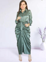 MAXIVESTIDO CAMISERO PLIEGUES EN CADERA VERDE ENTERO
