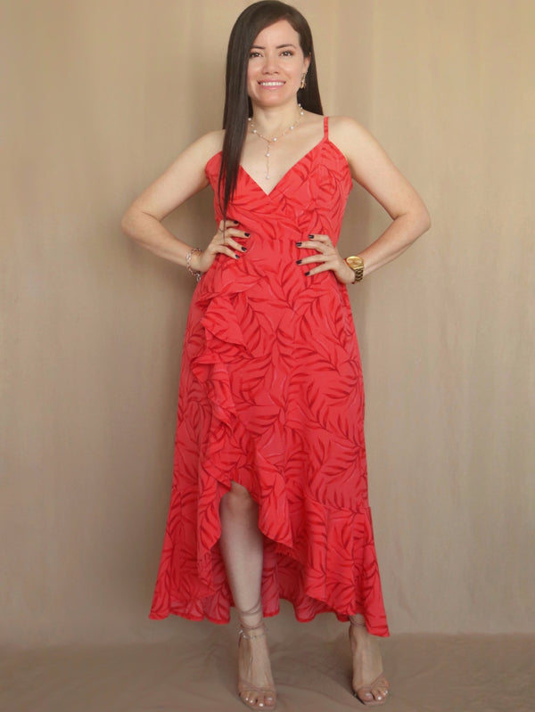 MAXIVESTIDO TIRAS CON VUELO ESPIRAL ESTAMPADO ROJO