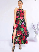 MAXIVESTIDO CUELLO HALTER 2 TIEMPOS ESTAMPADO NEGRO