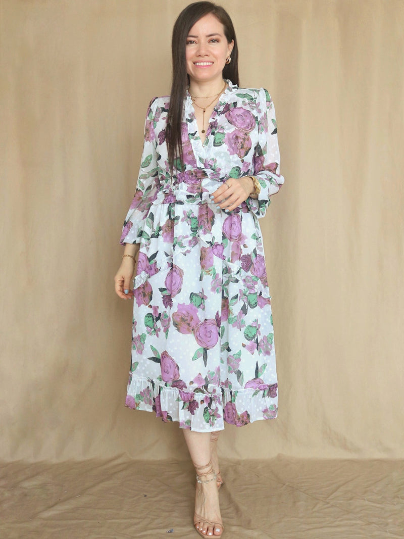 VESTIDO MIDI FULL BOBOS CON PRETINA ESTAMPADO HUESO