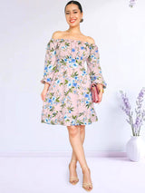 VESTIDO CORTO BUSTO RECOGIDO ESTAMPADO ROSA