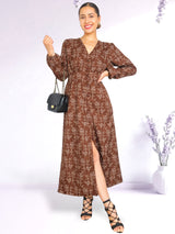 MAXIVESTIDO CAMISERO CON PRETINA ESTAMPADO CHOCOLATE
