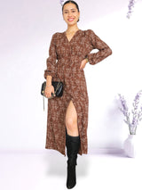 MAXIVESTIDO CAMISERO CON PRETINA ESTAMPADO CHOCOLATE