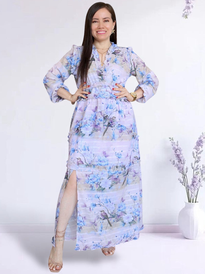 MAXIVESTIDO FULL BOBOS CON PRETINA ESTAMPADO LILA