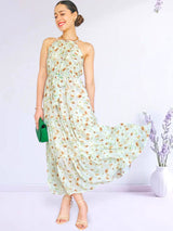 MAXIVESTIDO CUELLO HALTER 3 TIEMPOS ESTAMPADO VERDE